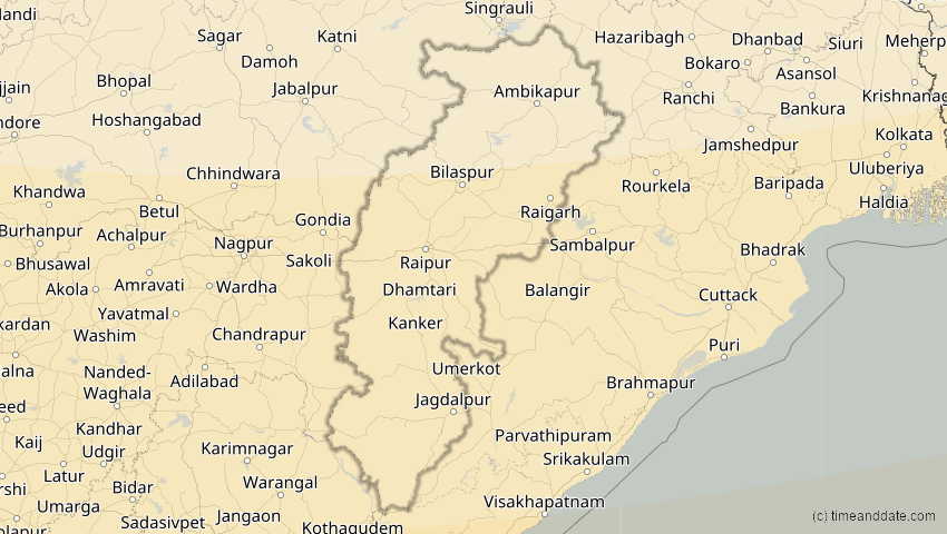 A map of Chhattisgarh, Indien, showing the path of the 5. Nov 2059 Ringförmige Sonnenfinsternis