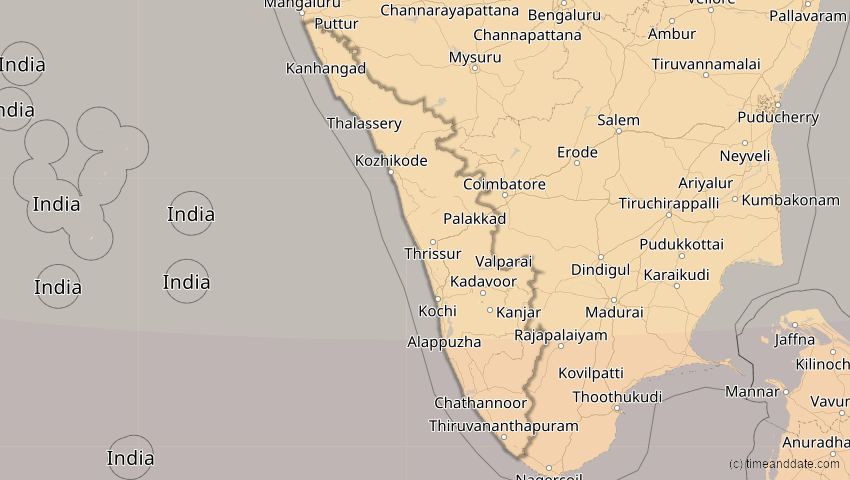 A map of Kerala, Indien, showing the path of the 5. Nov 2059 Ringförmige Sonnenfinsternis