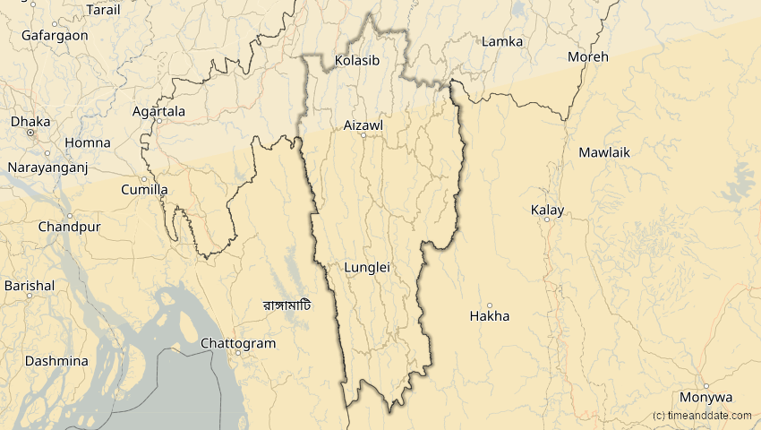 A map of Mizoram, Indien, showing the path of the 5. Nov 2059 Ringförmige Sonnenfinsternis