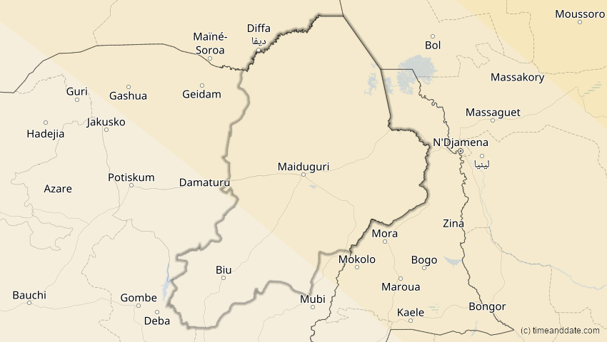 A map of Borno, Nigeria, showing the path of the 5. Nov 2059 Ringförmige Sonnenfinsternis