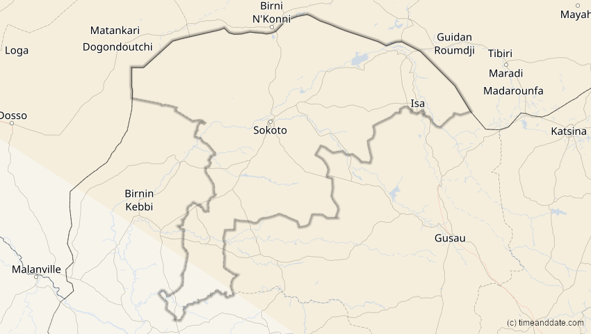 A map of Sokoto, Nigeria, showing the path of the 5. Nov 2059 Ringförmige Sonnenfinsternis