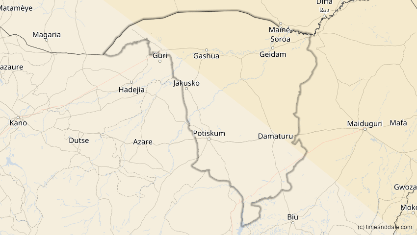 A map of Yobe, Nigeria, showing the path of the 5. Nov 2059 Ringförmige Sonnenfinsternis