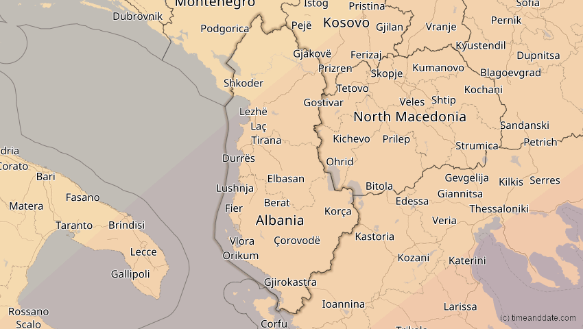A map of Albanien, showing the path of the 30. Apr 2060 Totale Sonnenfinsternis