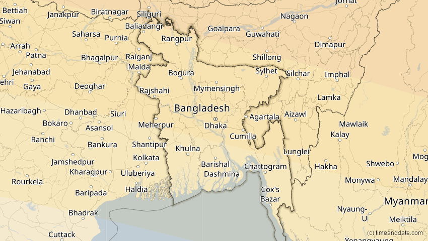 A map of Bangladesch, showing the path of the 30. Apr 2060 Totale Sonnenfinsternis