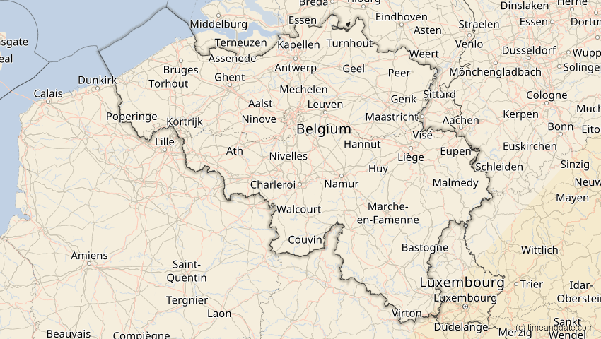 A map of Belgien, showing the path of the 30. Apr 2060 Totale Sonnenfinsternis