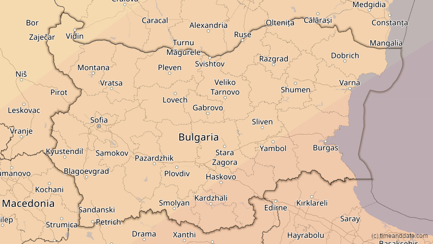 A map of Bulgarien, showing the path of the 30. Apr 2060 Totale Sonnenfinsternis