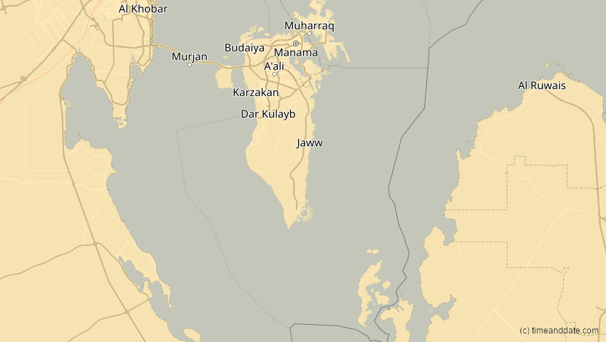 A map of Bahrain, showing the path of the 30. Apr 2060 Totale Sonnenfinsternis