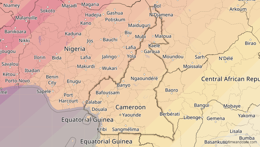A map of Kamerun, showing the path of the 30. Apr 2060 Totale Sonnenfinsternis