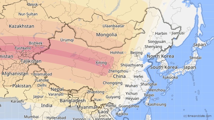 A map of China, showing the path of the 30. Apr 2060 Totale Sonnenfinsternis
