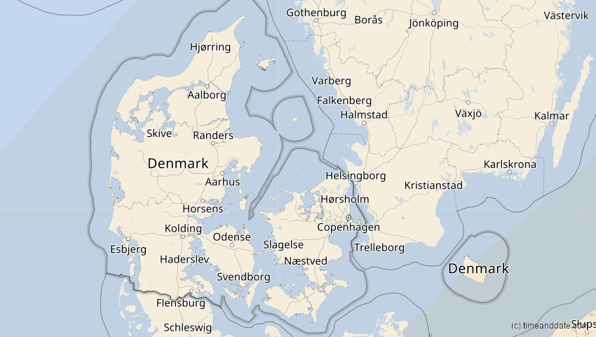A map of Dänemark, showing the path of the 30. Apr 2060 Totale Sonnenfinsternis
