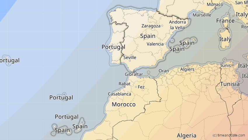 A map of Spanien, showing the path of the 30. Apr 2060 Totale Sonnenfinsternis