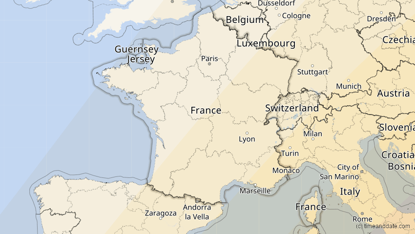 A map of Frankreich, showing the path of the 30. Apr 2060 Totale Sonnenfinsternis