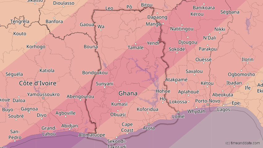 A map of Ghana, showing the path of the 30. Apr 2060 Totale Sonnenfinsternis
