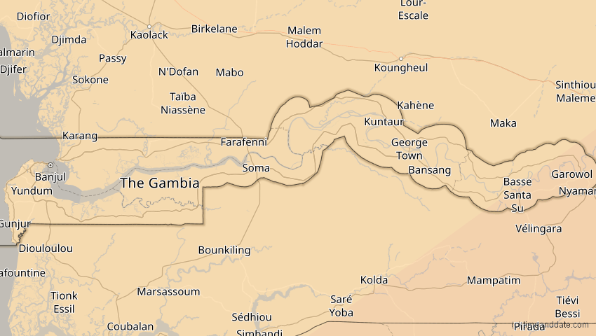 A map of Gambia, showing the path of the 30. Apr 2060 Totale Sonnenfinsternis
