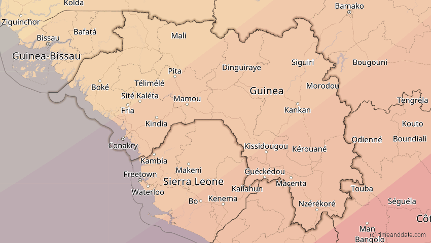 A map of Guinea, showing the path of the 30. Apr 2060 Totale Sonnenfinsternis