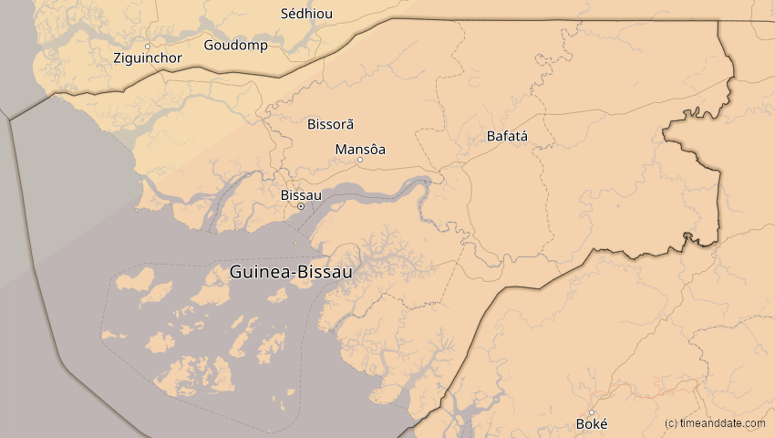 A map of Guinea-Bissau, showing the path of the 30. Apr 2060 Totale Sonnenfinsternis