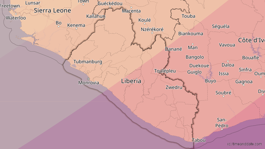 A map of Liberia, showing the path of the 30. Apr 2060 Totale Sonnenfinsternis