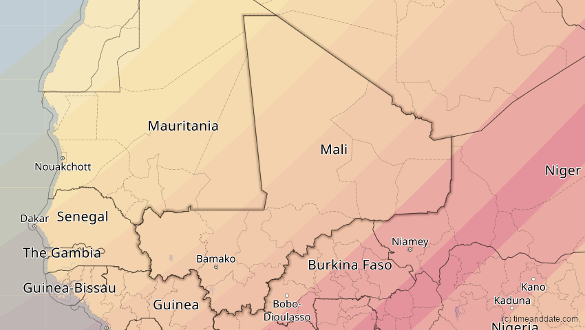 A map of Mali, showing the path of the 30. Apr 2060 Totale Sonnenfinsternis