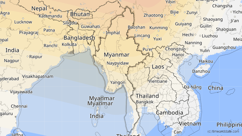 A map of Myanmar, showing the path of the 30. Apr 2060 Totale Sonnenfinsternis