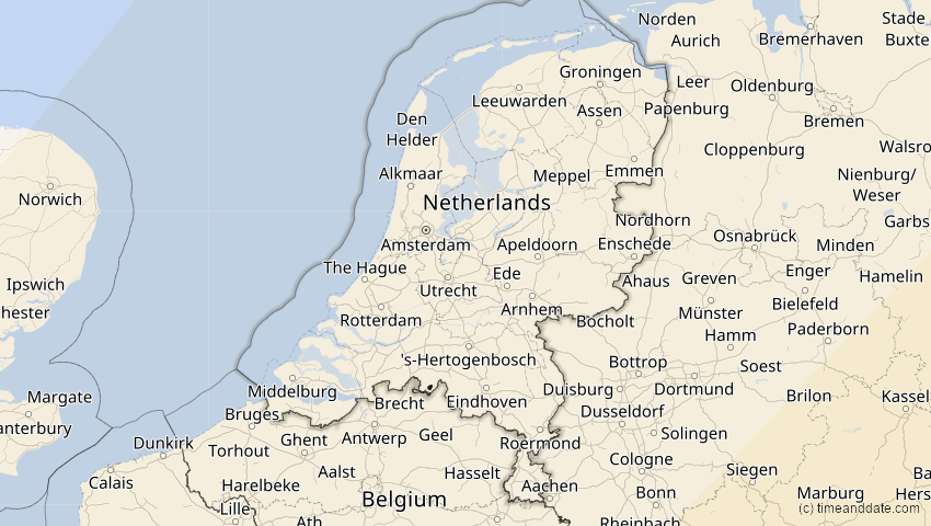 A map of Niederlande, showing the path of the 30. Apr 2060 Totale Sonnenfinsternis