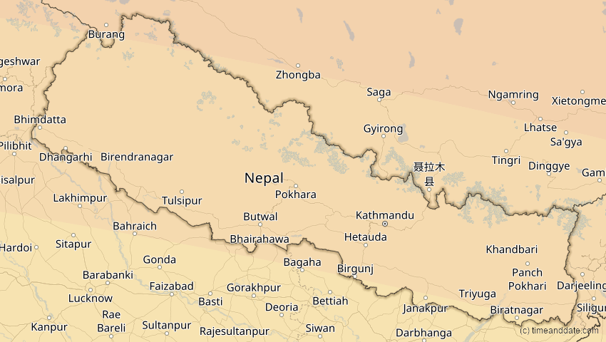 A map of Nepal, showing the path of the 30. Apr 2060 Totale Sonnenfinsternis