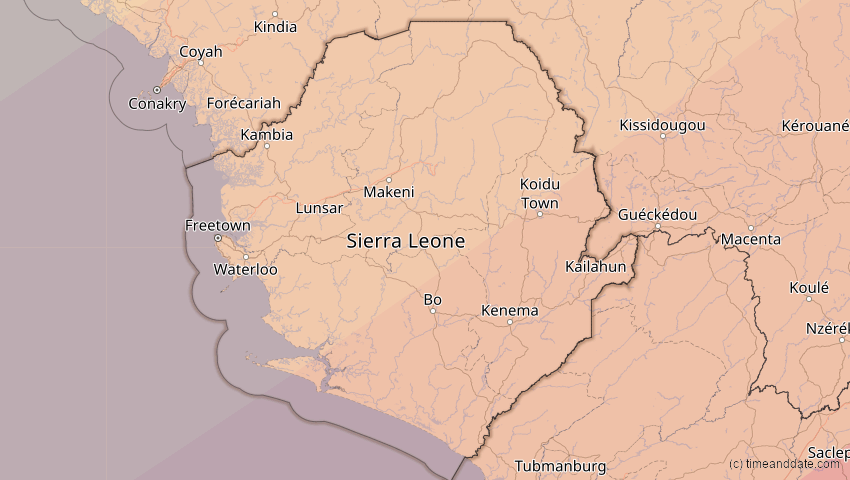 A map of Sierra Leone, showing the path of the 30. Apr 2060 Totale Sonnenfinsternis