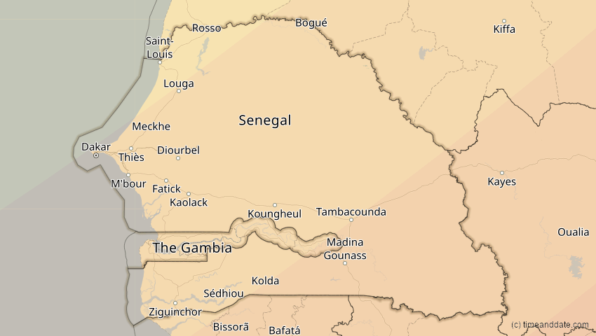 A map of Senegal, showing the path of the 30. Apr 2060 Totale Sonnenfinsternis