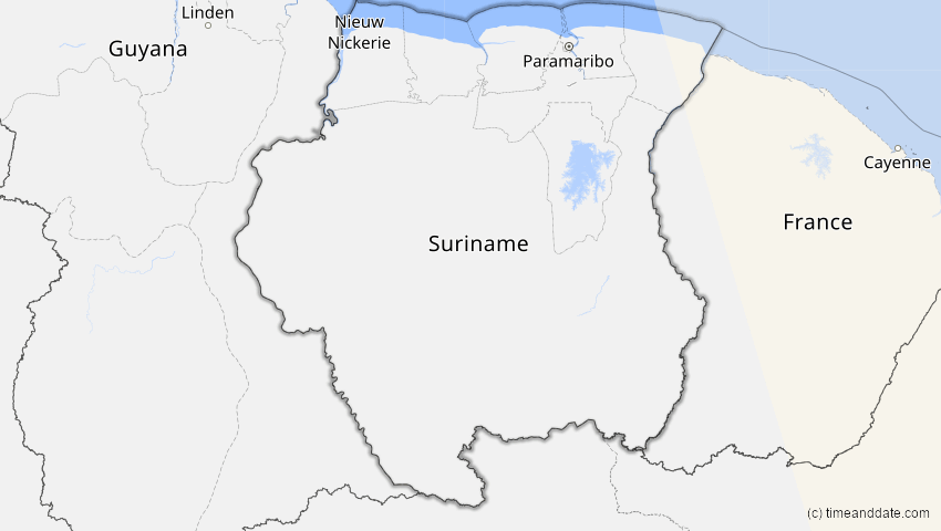 A map of Suriname, showing the path of the 30. Apr 2060 Totale Sonnenfinsternis
