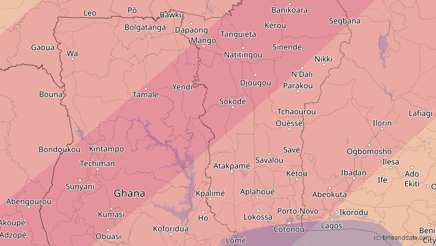 A map of Togo, showing the path of the 30. Apr 2060 Totale Sonnenfinsternis