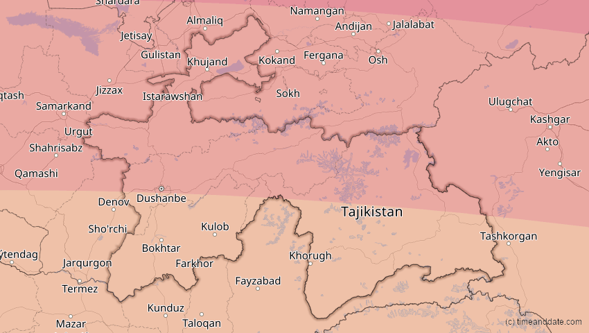 A map of Tadschikistan, showing the path of the 30. Apr 2060 Totale Sonnenfinsternis