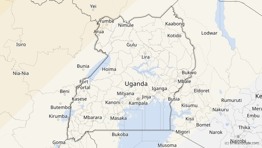 A map of Uganda, showing the path of the 30. Apr 2060 Totale Sonnenfinsternis