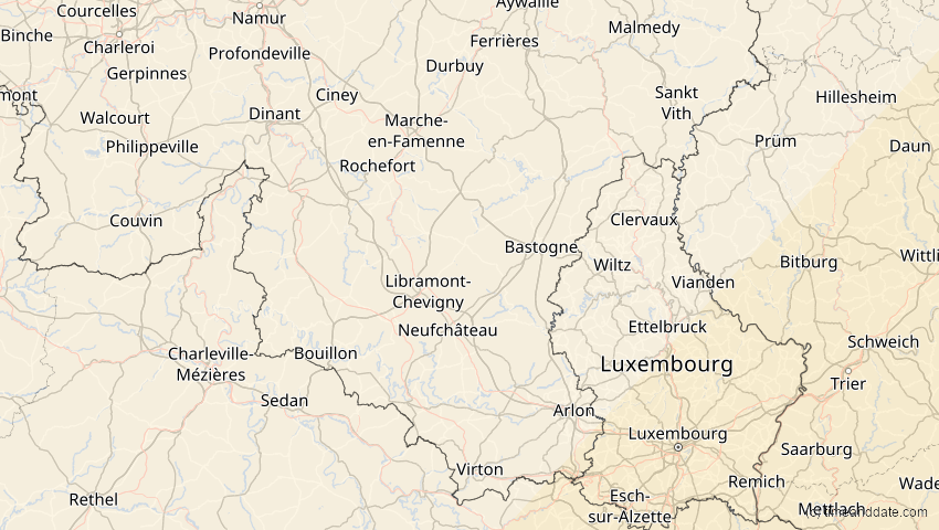A map of Luxemburg, Belgien, showing the path of the 30. Apr 2060 Totale Sonnenfinsternis