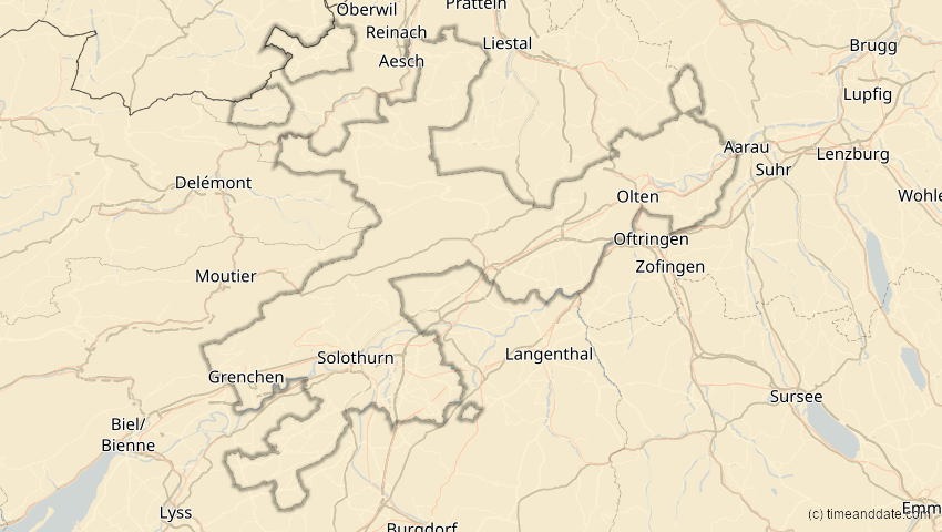 A map of Solothurn, Schweiz, showing the path of the 30. Apr 2060 Totale Sonnenfinsternis