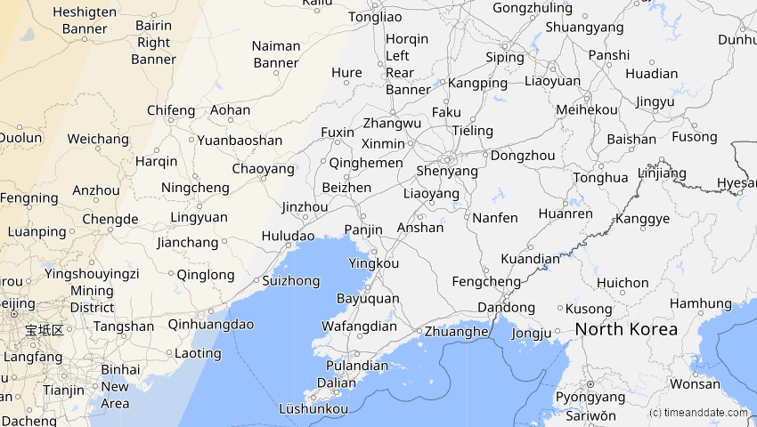 A map of Liaoning, China, showing the path of the 30. Apr 2060 Totale Sonnenfinsternis