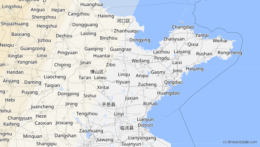 A map of Shandong, China, showing the path of the 30. Apr 2060 Totale Sonnenfinsternis