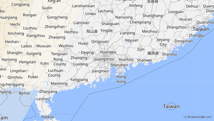 A map of Guangdong, China, showing the path of the 30. Apr 2060 Totale Sonnenfinsternis