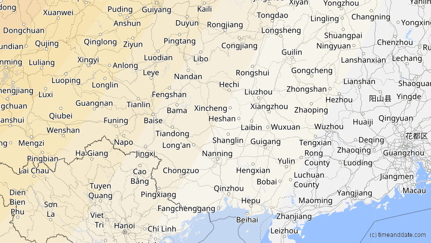 A map of Guangxi, China, showing the path of the 30. Apr 2060 Totale Sonnenfinsternis