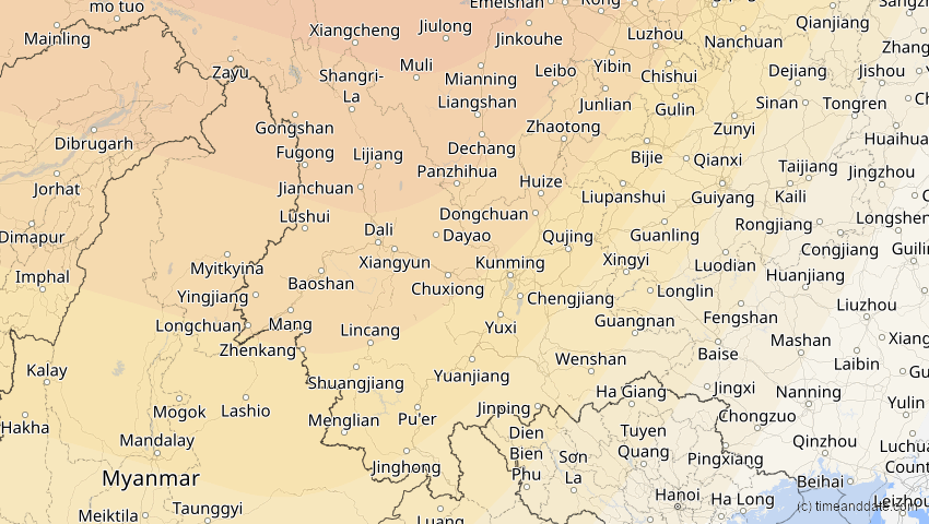 A map of Yunnan, China, showing the path of the 30. Apr 2060 Totale Sonnenfinsternis