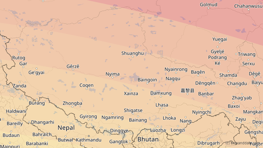 A map of Tibet, China, showing the path of the 30. Apr 2060 Totale Sonnenfinsternis