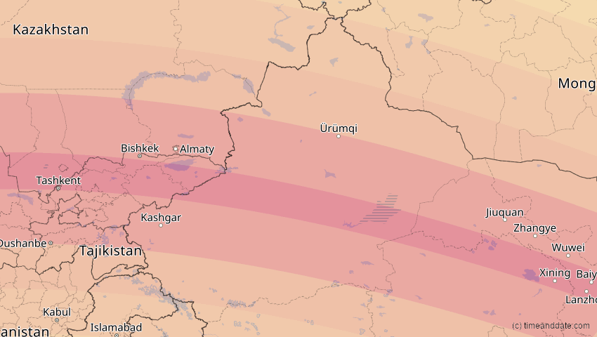 A map of Xinjiang, China, showing the path of the 30. Apr 2060 Totale Sonnenfinsternis