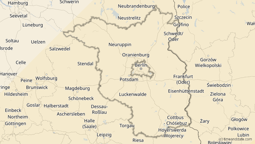 A map of Brandenburg, Deutschland, showing the path of the 30. Apr 2060 Totale Sonnenfinsternis