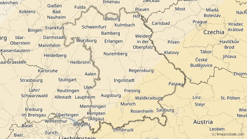 A map of Bayern, Deutschland, showing the path of the 30. Apr 2060 Totale Sonnenfinsternis