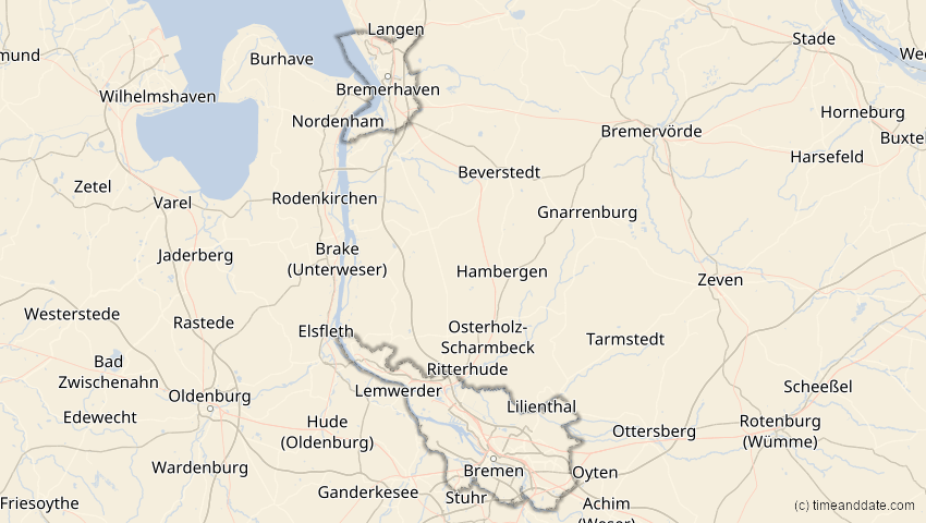 A map of Bremen, Deutschland, showing the path of the 30. Apr 2060 Totale Sonnenfinsternis