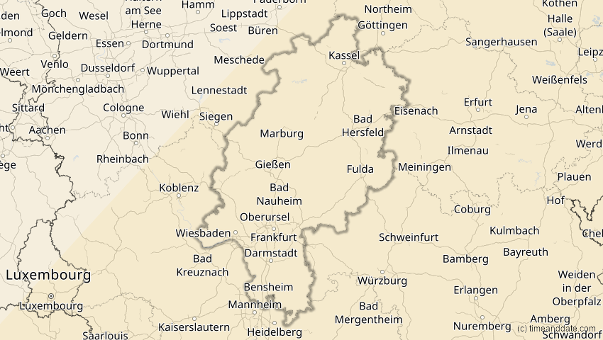 A map of Hessen, Deutschland, showing the path of the 30. Apr 2060 Totale Sonnenfinsternis