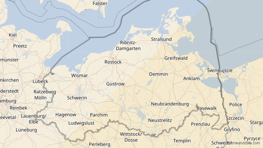 A map of Mecklenburg-Vorpommern, Deutschland, showing the path of the 30. Apr 2060 Totale Sonnenfinsternis