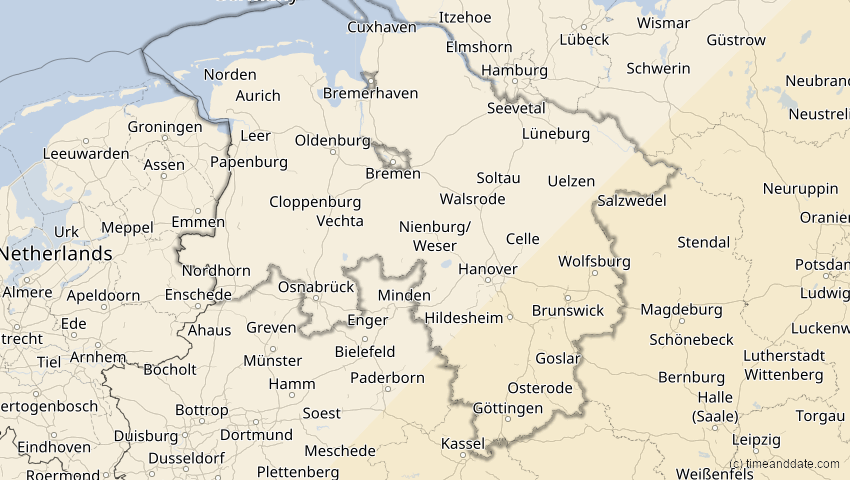 A map of Niedersachsen, Deutschland, showing the path of the 30. Apr 2060 Totale Sonnenfinsternis