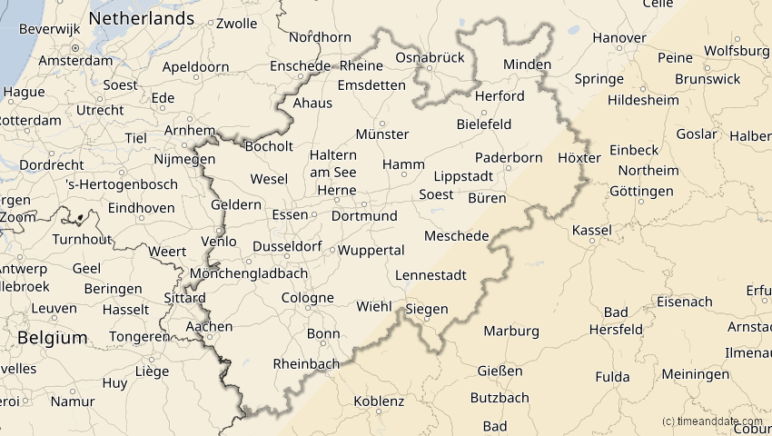 A map of Nordrhein-Westfalen, Deutschland, showing the path of the 30. Apr 2060 Totale Sonnenfinsternis
