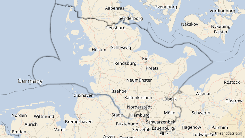 A map of Schleswig-Holstein, Deutschland, showing the path of the 30. Apr 2060 Totale Sonnenfinsternis