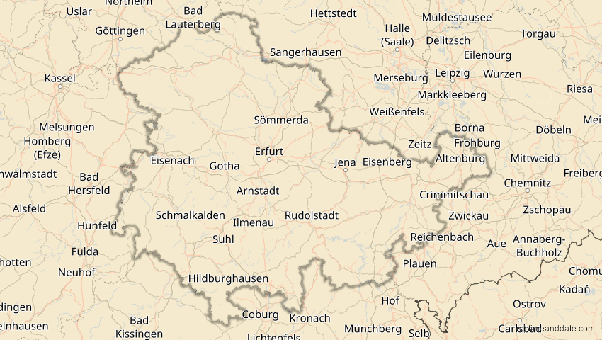 A map of Thüringen, Deutschland, showing the path of the 30. Apr 2060 Totale Sonnenfinsternis