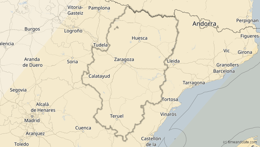 A map of Aragonien, Spanien, showing the path of the 30. Apr 2060 Totale Sonnenfinsternis